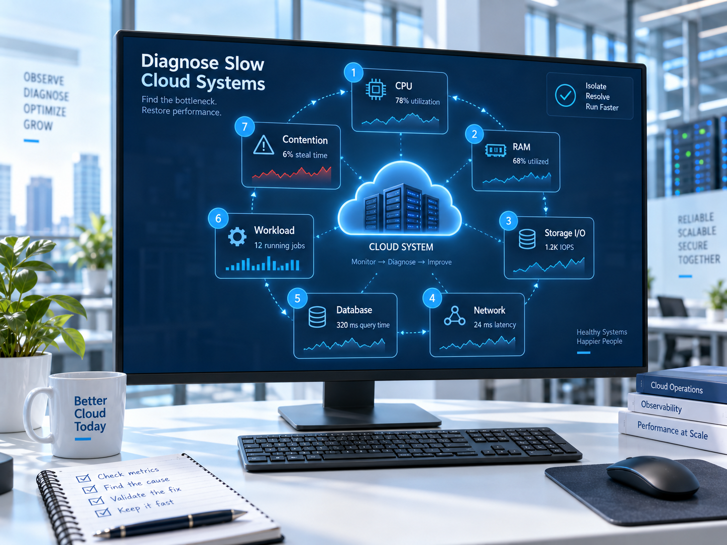 Cloud chậm chưa chắc vì thiếu tài nguyên: 7 điểm cần kiểm tra trước khi nâng cấu hình Minh hoạ 7 điểm cần kiểm tra để chẩn đoán bottleneck của hệ thống Cloud