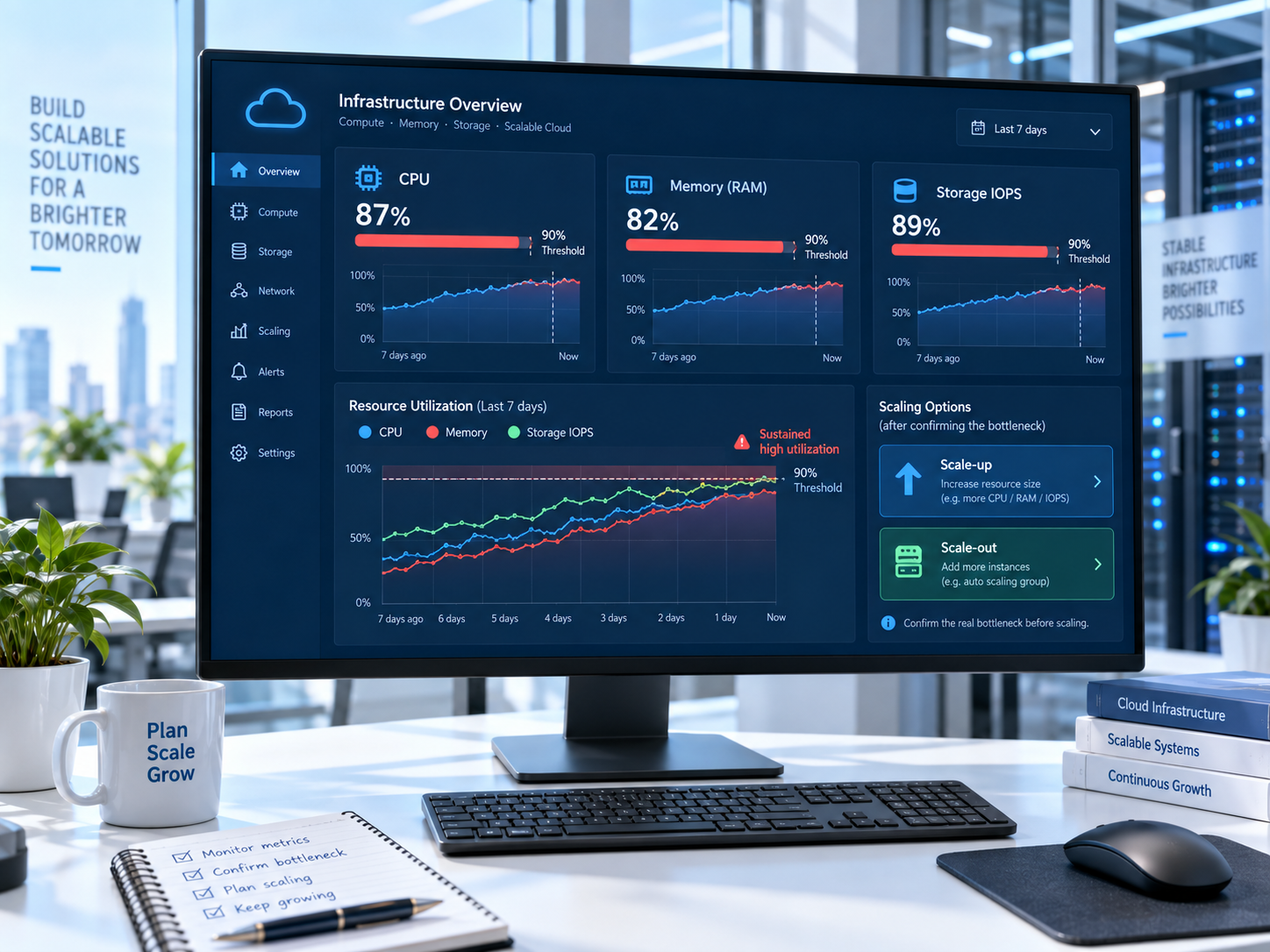 Cloud chậm chưa chắc vì thiếu tài nguyên: 7 điểm cần kiểm tra trước khi nâng cấu hình Dashboard tài nguyên Cloud cho thấy CPU, RAM và Storage IOPS ở mức cao, hỗ trợ quyết định khi nào nên scale