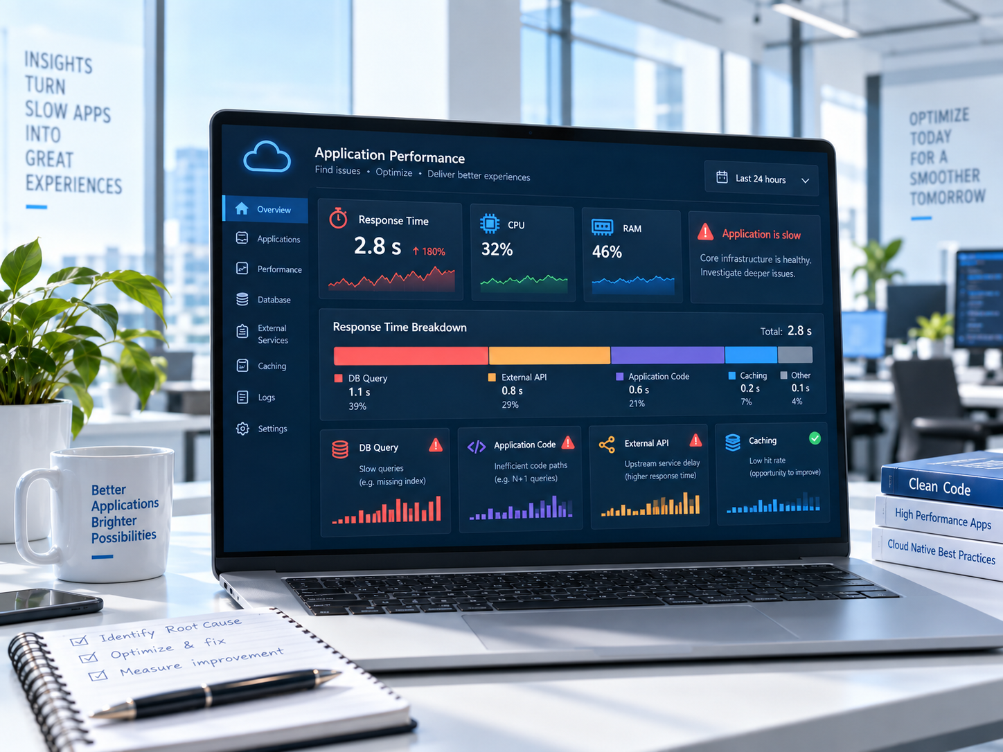 Cloud chậm chưa chắc vì thiếu tài nguyên: 7 điểm cần kiểm tra trước khi nâng cấu hình Dashboard phân tích hiệu năng ứng dụng trên Cloud với nguyên nhân chậm đến từ database, application code, external API và caching
