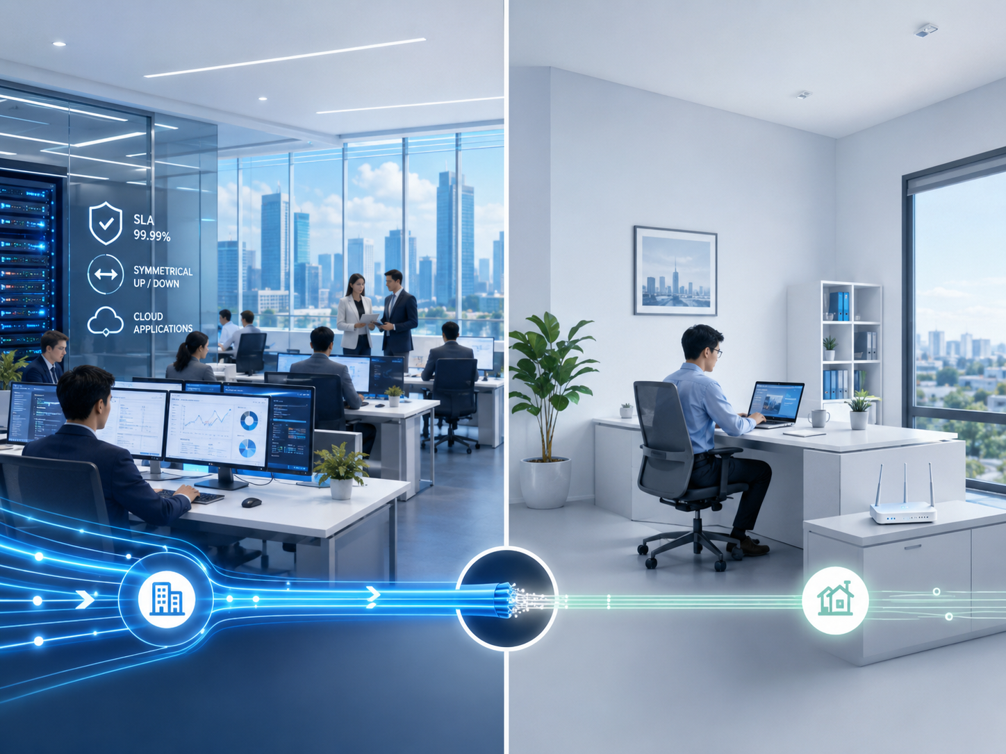 Mô hình kết nối Internet Leased Line cho doanh nghiệp và FTTH cho nhu cầu văn phòng thông thường