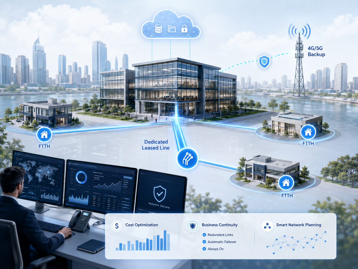 Mô hình kết hợp Internet Leased Line, FTTH và 4G/5G dự phòng cho doanh nghiệp nhiều địa điểm