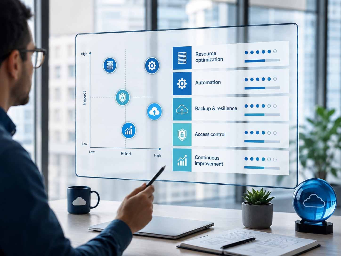 Khung ưu tiên tối ưu Cloud theo mức độ tác động và nỗ lực triển khai, bao gồm tài nguyên, tự động hóa, sao lưu và phân quyền.